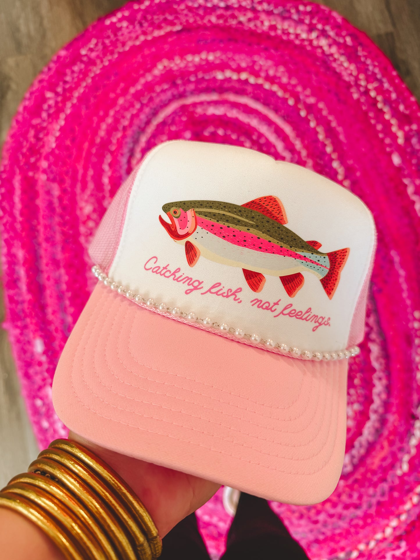 Catching Fish, Not Feelings Trucker Hat With Pearl Chain