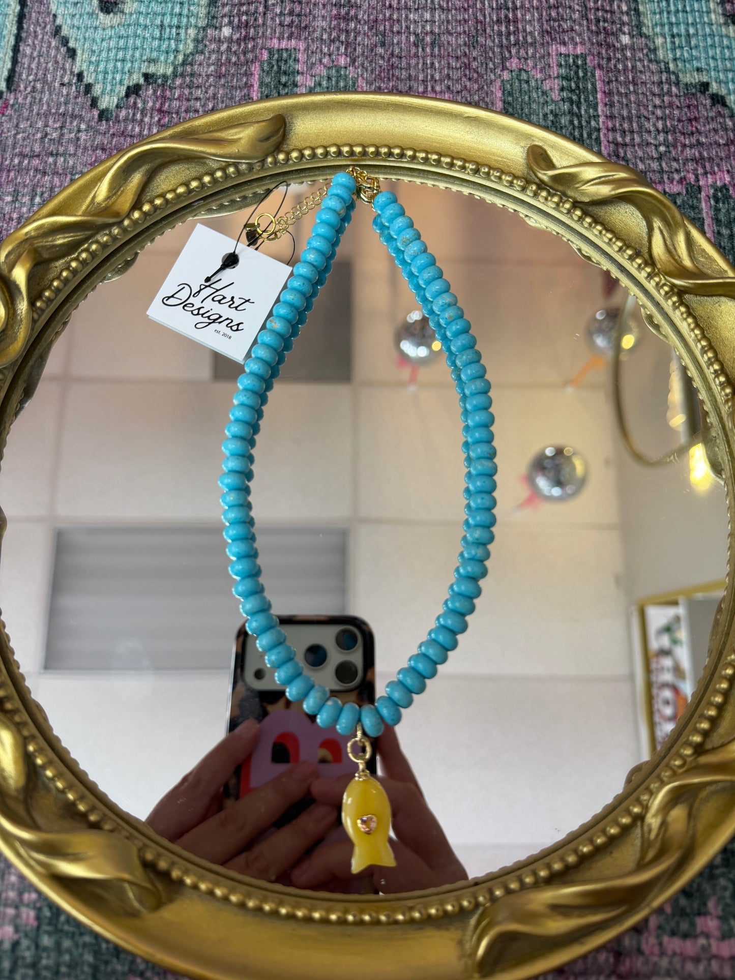 Turquoise & Yellow Beaded Fish Necklace