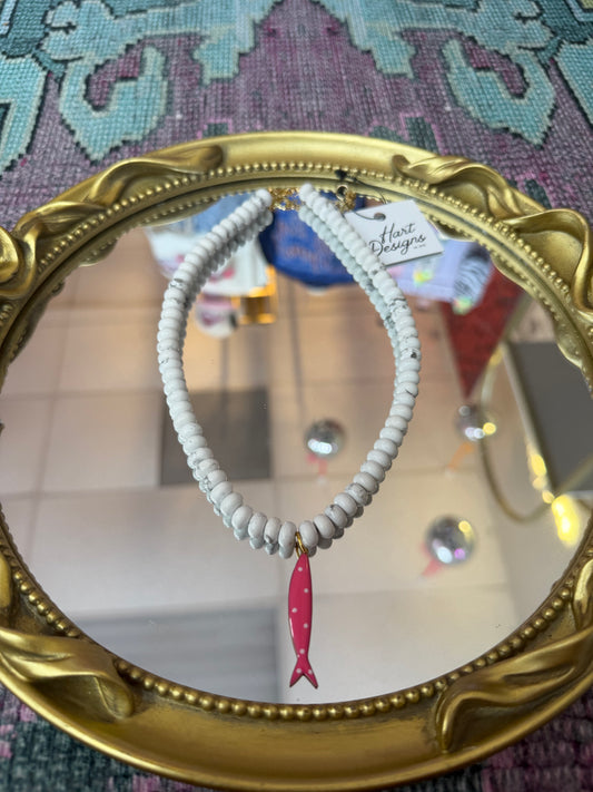White Stone/Hot Pink Polka Fish Necklace